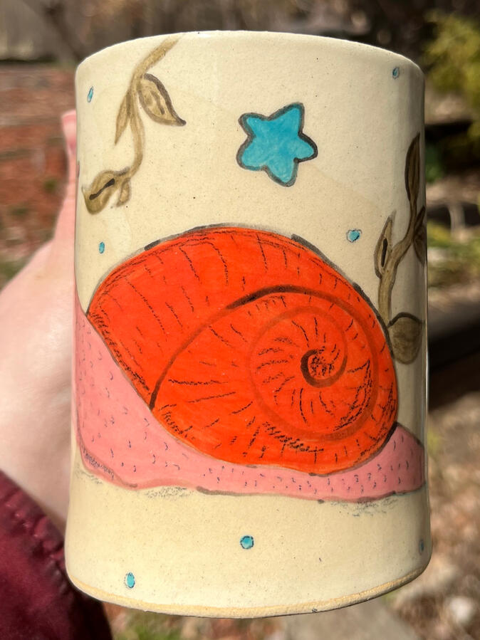 Tall snail mug (underglaze, texture) - $55