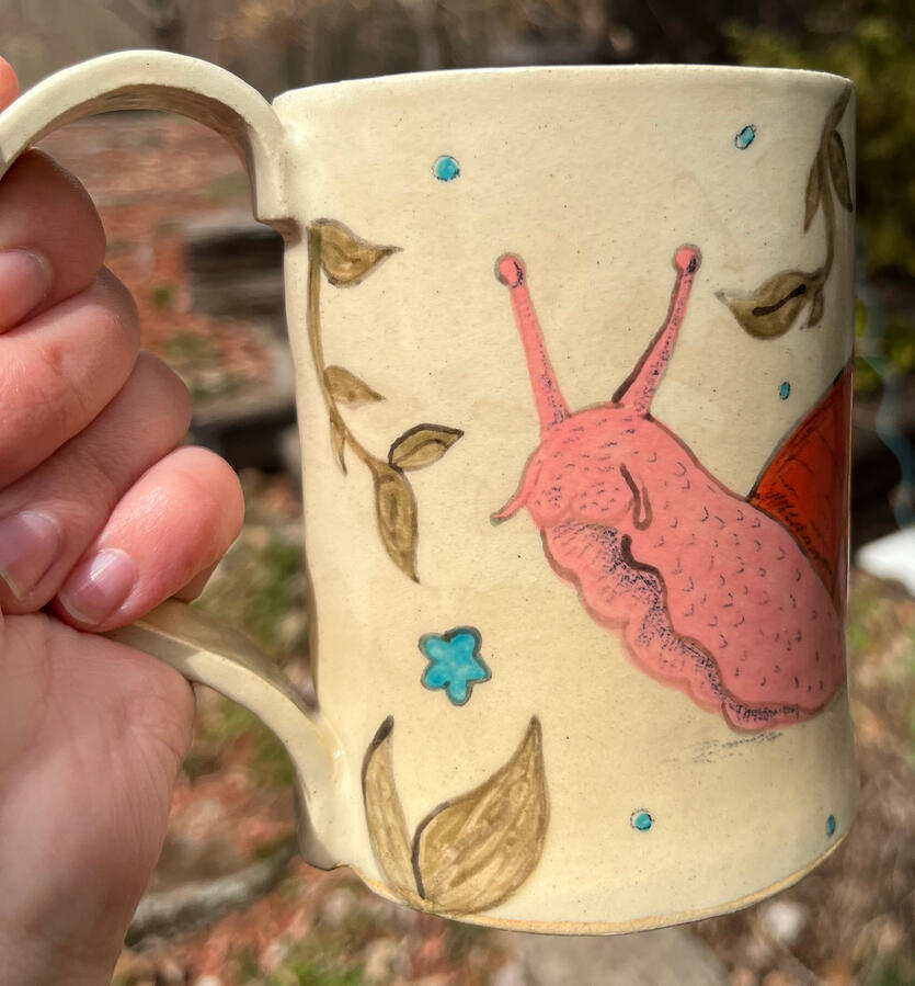 Tall snail mug (underglaze, texture) - $55