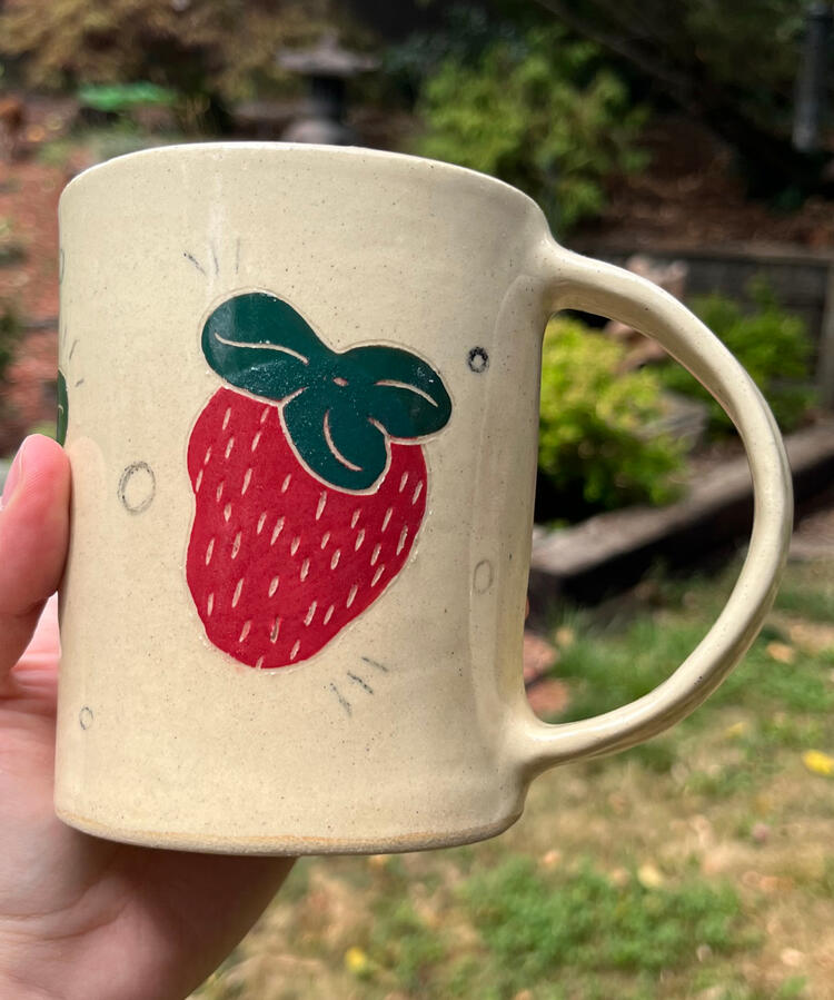 Tall strawberry mug (underglaze, carved detail) - $45