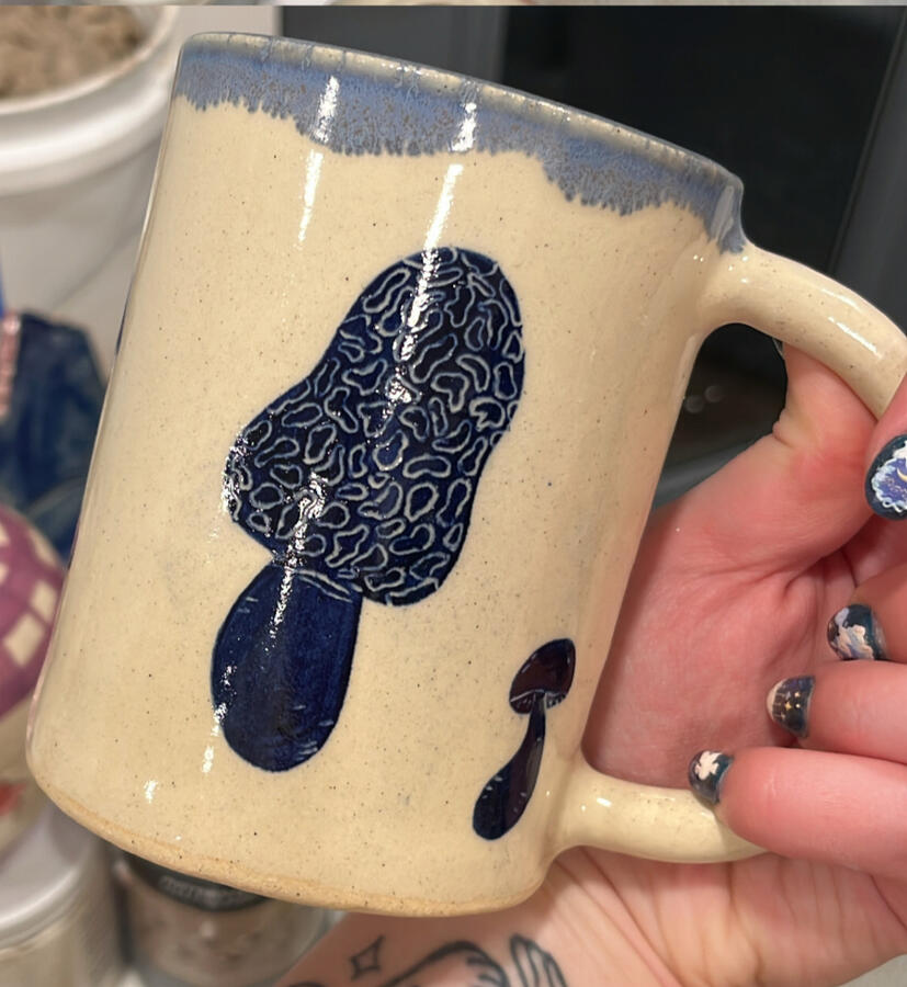 Tall mushroom mug (underglaze, carved details) - $45