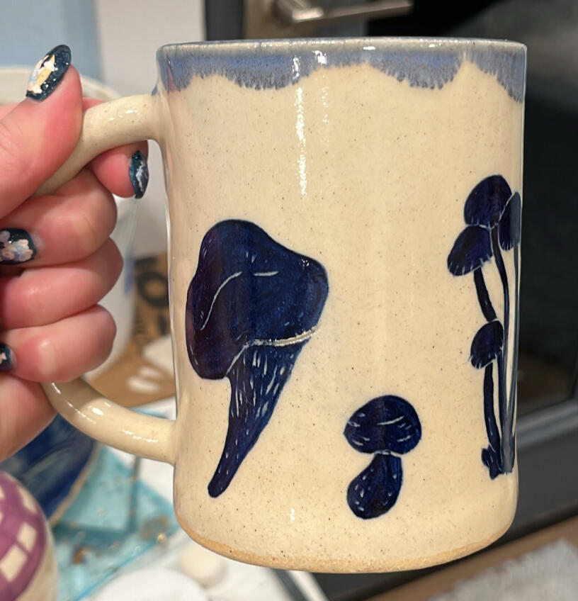 Tall mushroom mug (underglaze, carved details) - $45