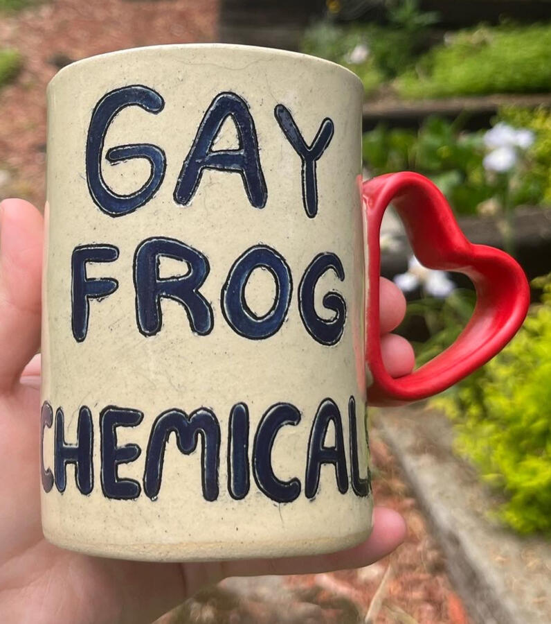 Tall gay frog chemicals mug (underglaze, carved details, slip inlay, special shaped handle) - $52