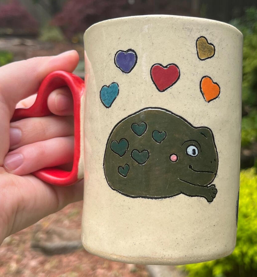Tall gay frog chemicals mug (underglaze, carved details, slip inlay, special shaped handle) - $52