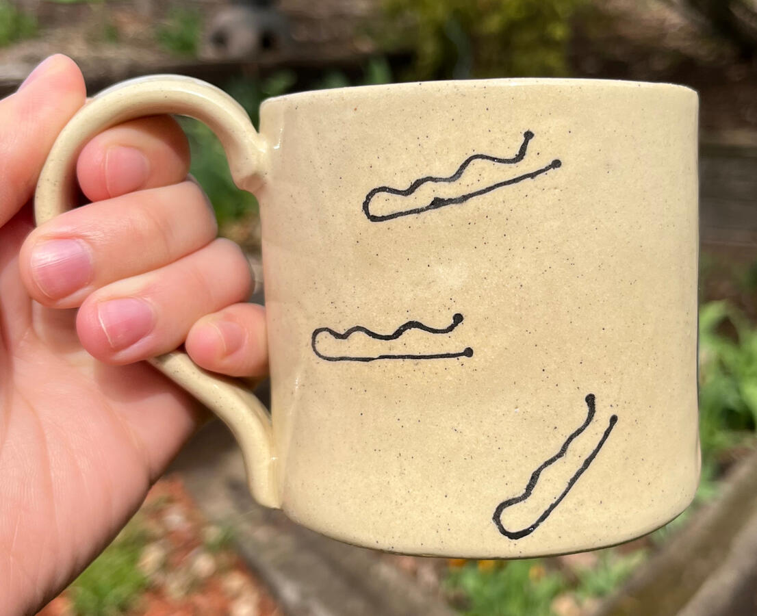 Short hairpin mug (underglaze, slip inlay) - $32