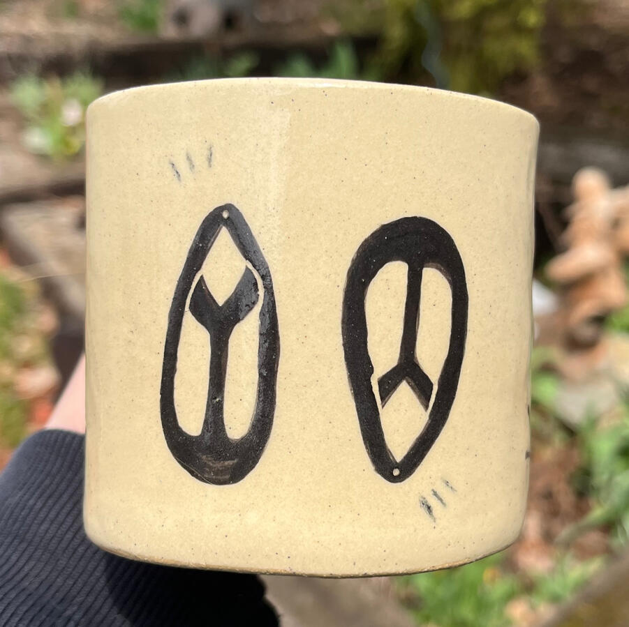 Short hairpin mug (underglaze, slip inlay) - $32