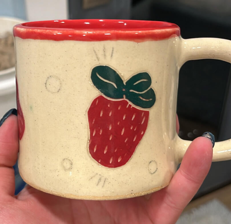 Short strawberry mug (underglaze, carved details) - $38