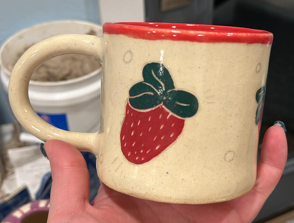 Short strawberry mug (underglaze, carved details) - $38