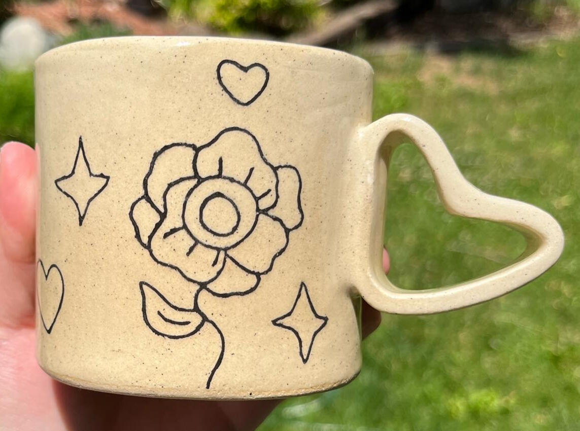Angel doodle mug (slip inlay, special shaped handle) - $35