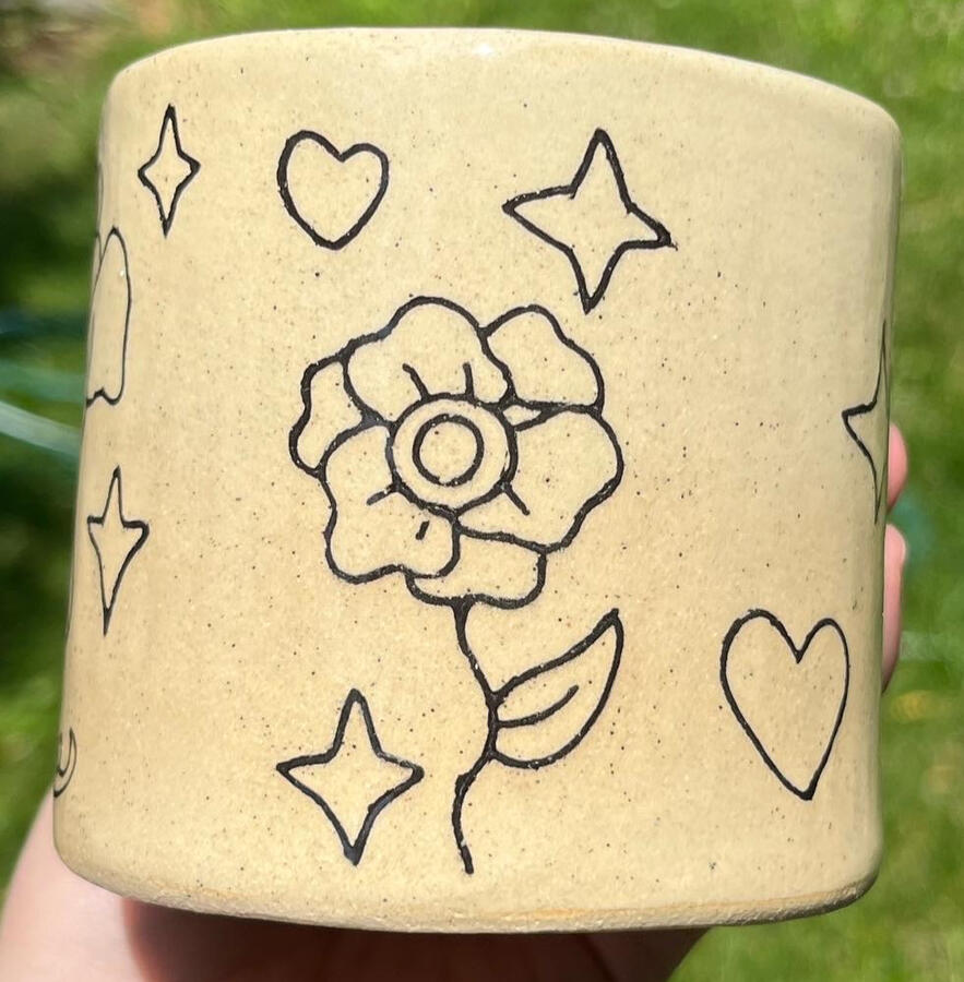 Angel doodle mug (slip inlay, special shaped handle) - $35