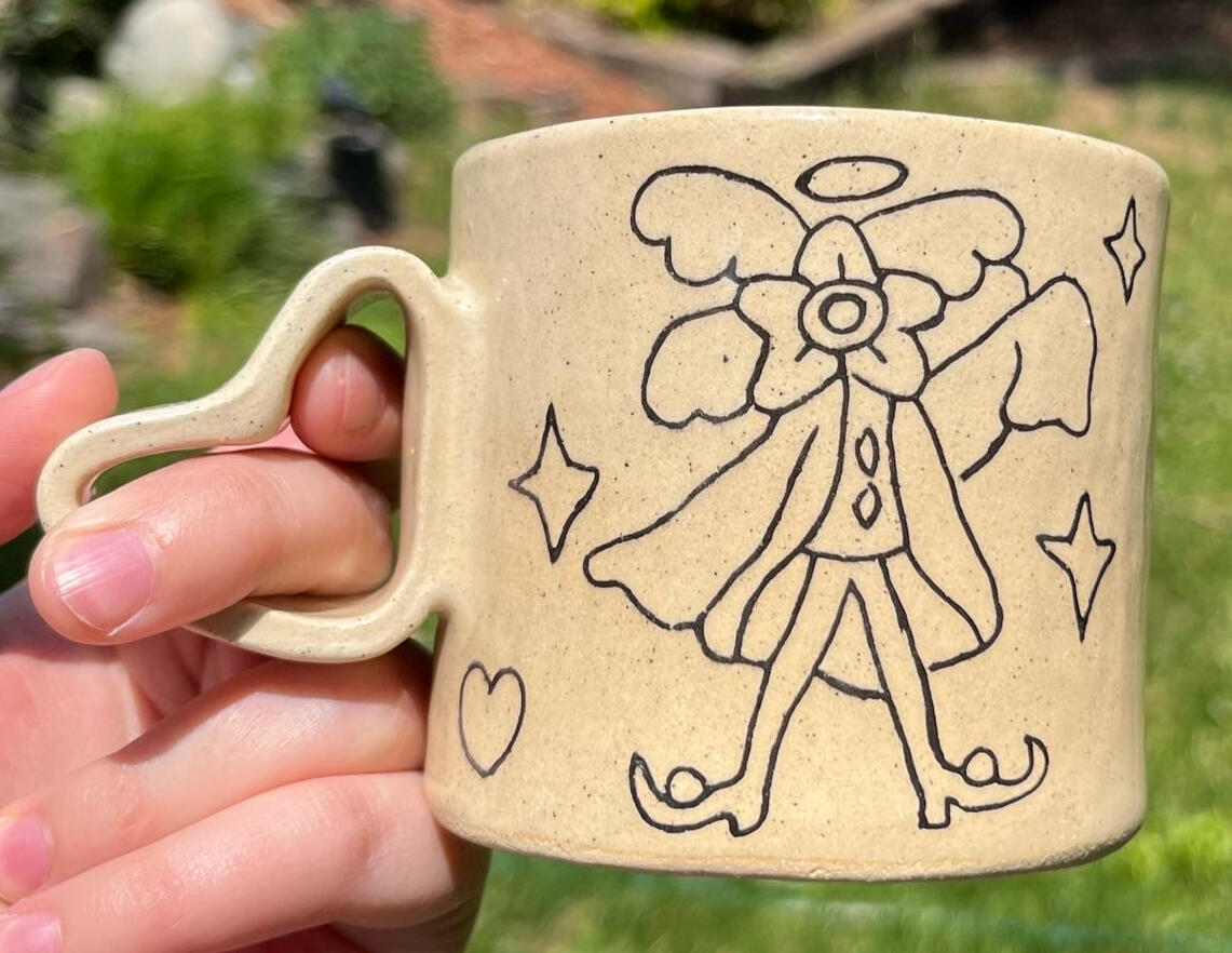 Angel doodle mug (slip inlay, special shaped handle) - $35