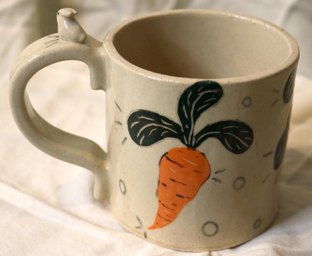 Short carrot and bunny mug (underglaze, carved detail, handle buddy) - $40