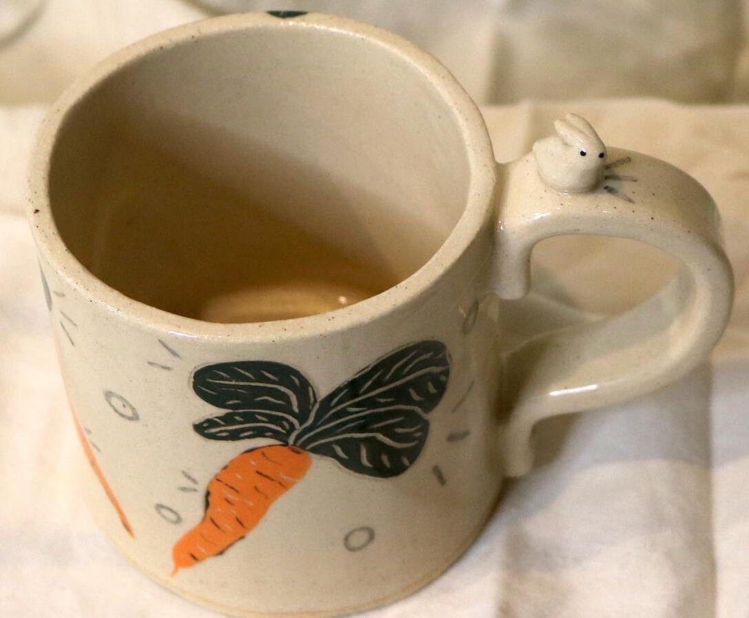Short carrot and bunny mug (underglaze, carved detail, handle buddy) - $40